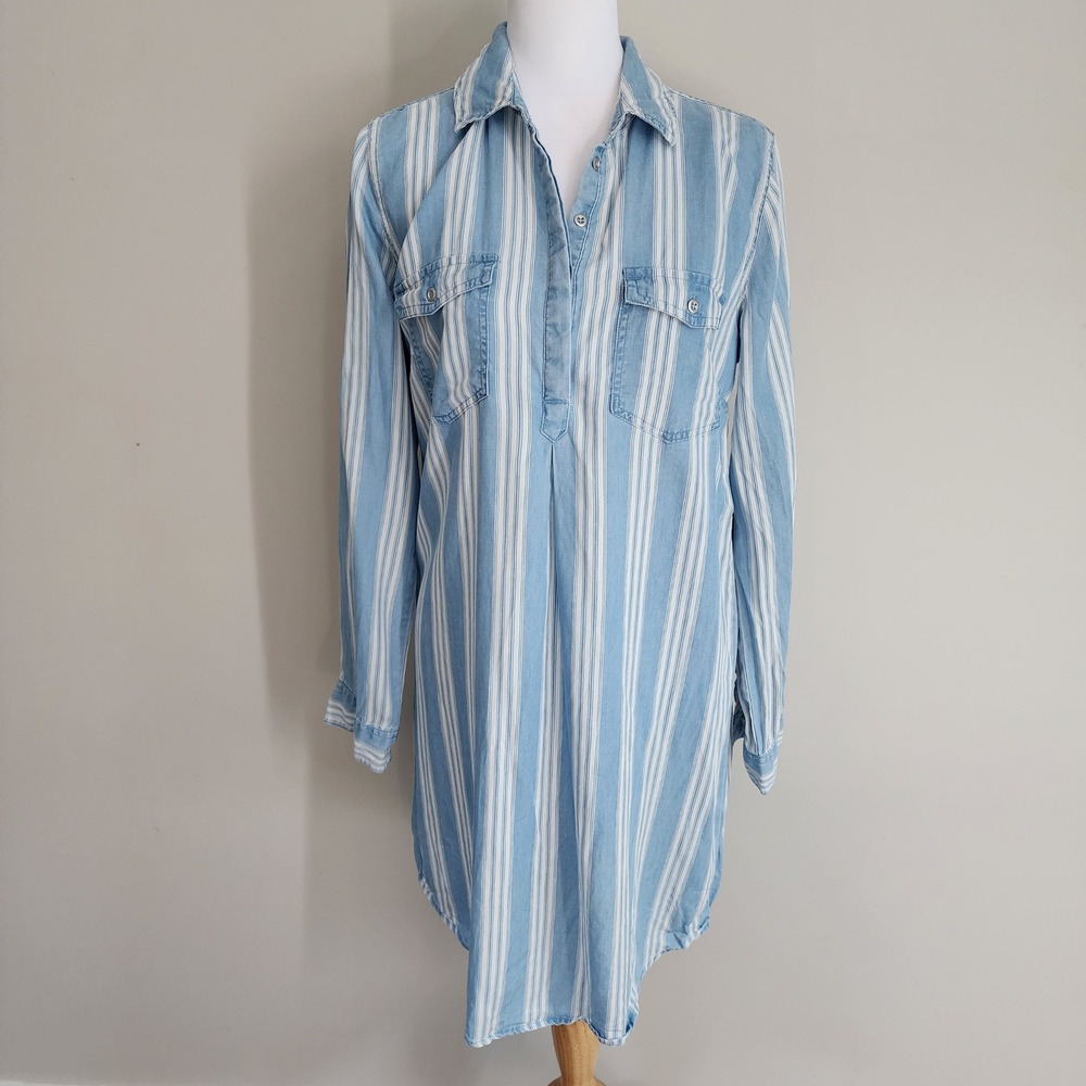 Saks Fifth Avenue Shirt Dress Womens Small‎ Blue Striped Lyocell Roll Tab Sleeve